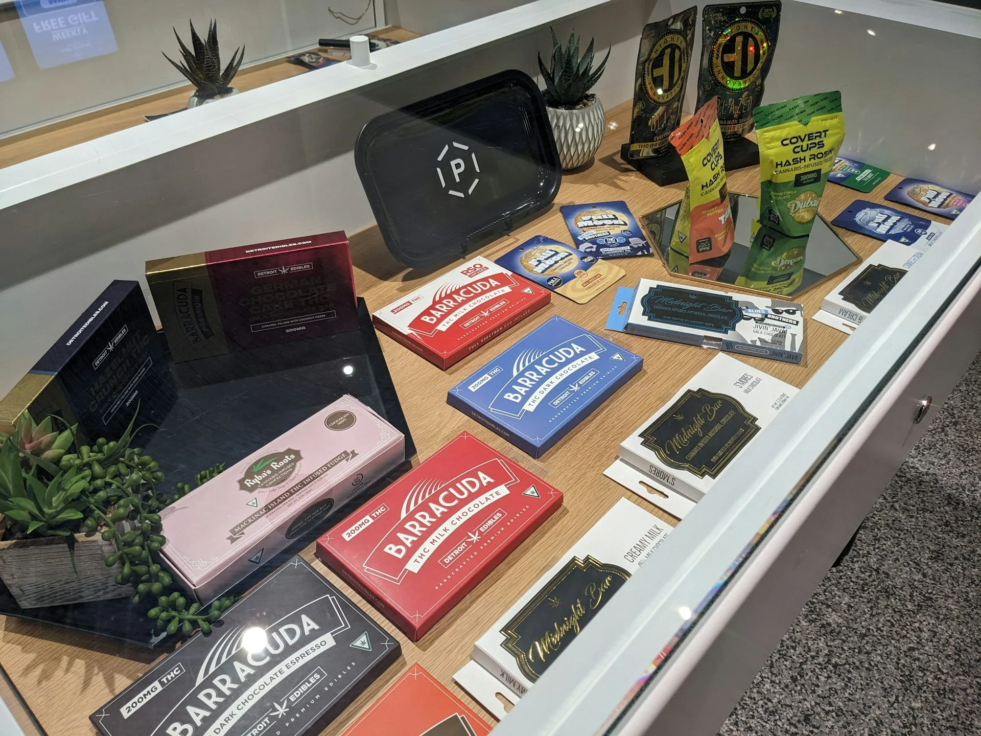 Chocolate bars and packages are on display