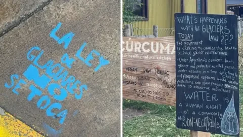 A composite image of words against the law change, which on the left says 'the glacier law is not to be touched'