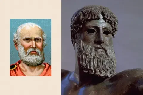 Getty Images Two treated images of a drawing of Plato and a close up image of a statue of Zeus.